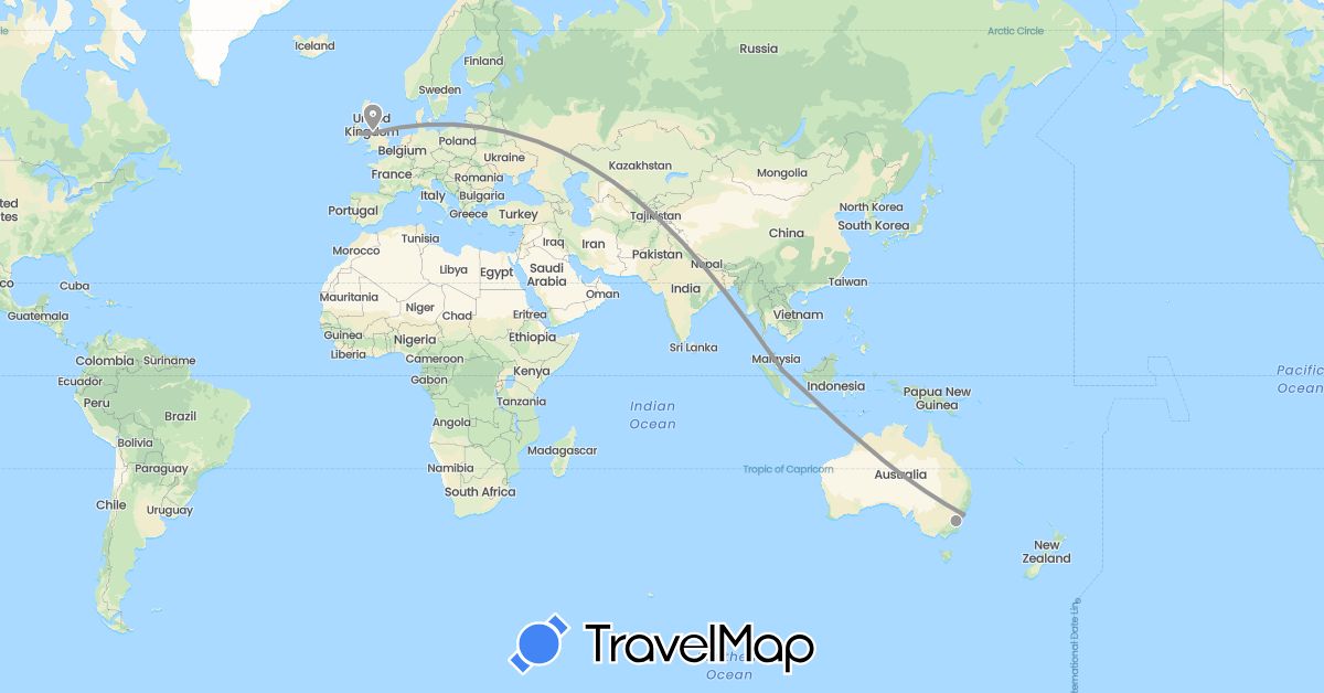 TravelMap itinerary: plane in Australia, United Kingdom, Ireland, Singapore (Asia, Europe, Oceania)